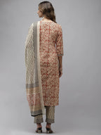 Yufta Women Beige Ethnic motifs Printed Kurta with Trouser & With Dupatta | Grocsy