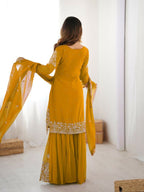 Lehenga Mart Designer Sharara Suit With Kurta, Sharara, Dupatta For Women-Yellow | Grocsy