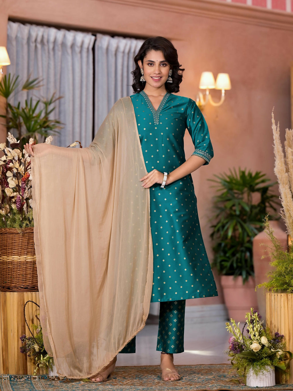 Juniper Women's Rama Green Ethnic Motif Printed Cotton Kurta Pant And Dupatta Set With Zari Work | Grocsy
