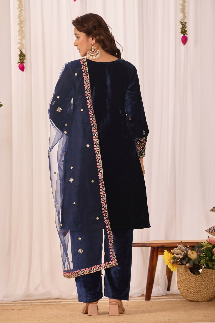 Joban Fashion Blue Velvet Embroidery Sequence Work Readymade Kurta Set | Grocsy