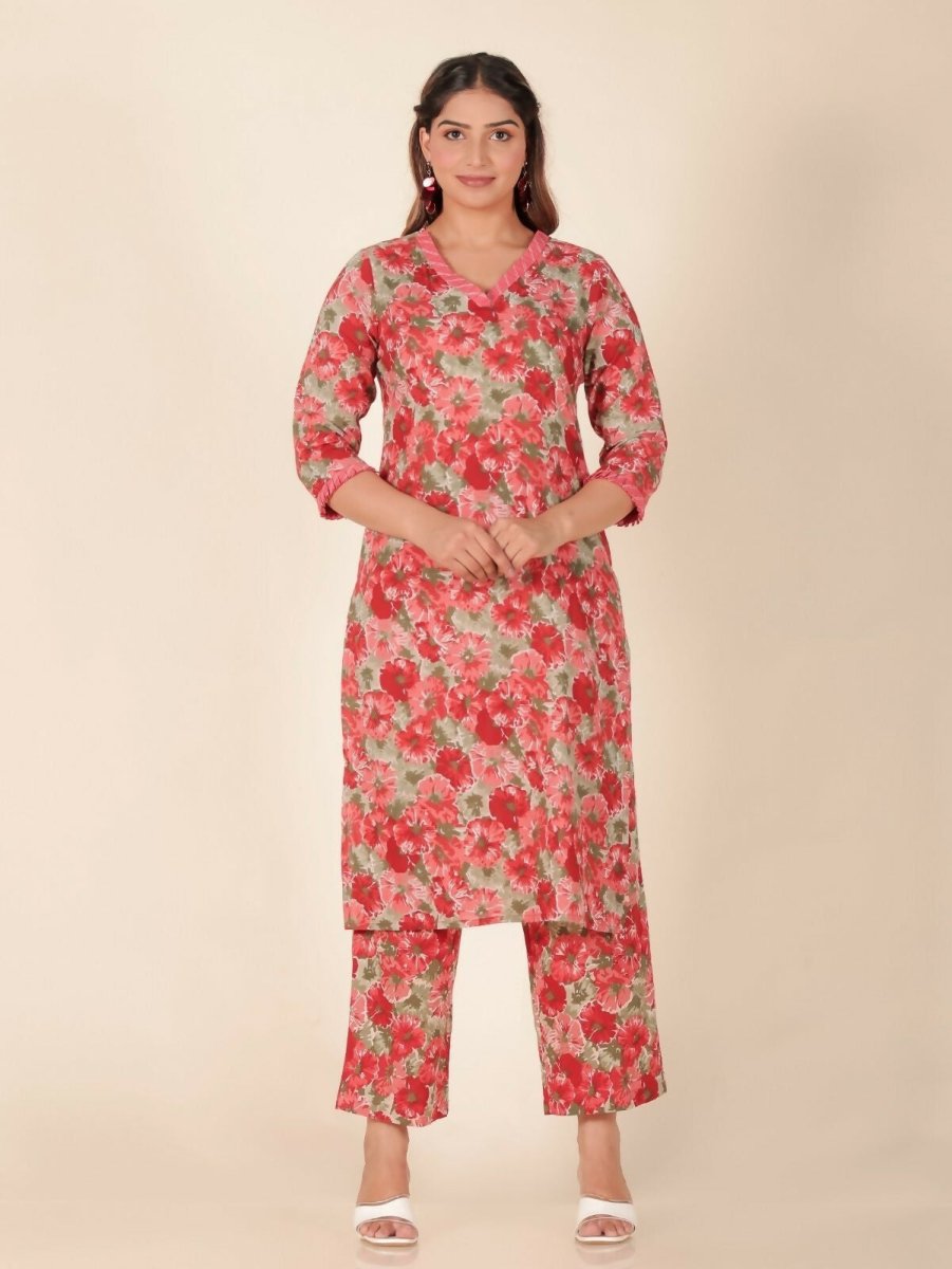 Aramya Red Soft Cotton Floral Print Panelled Kurta Set for Women | Grocsy