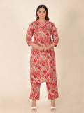 Aramya Red Soft Cotton Floral Print Panelled Kurta Set for Women | Grocsy