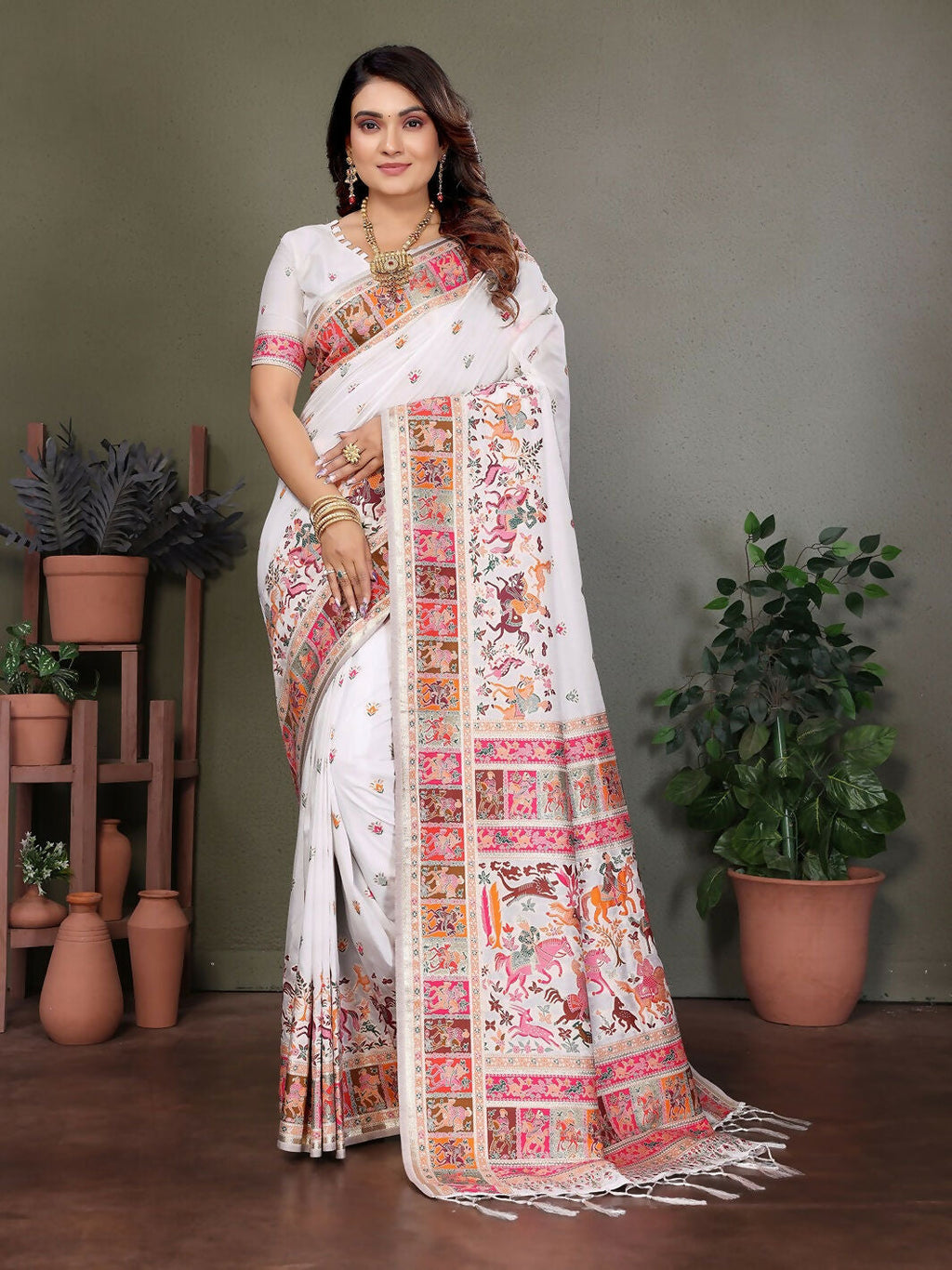 Joban Fashion White Thread Woven Pashmina Sarees | Grocsy