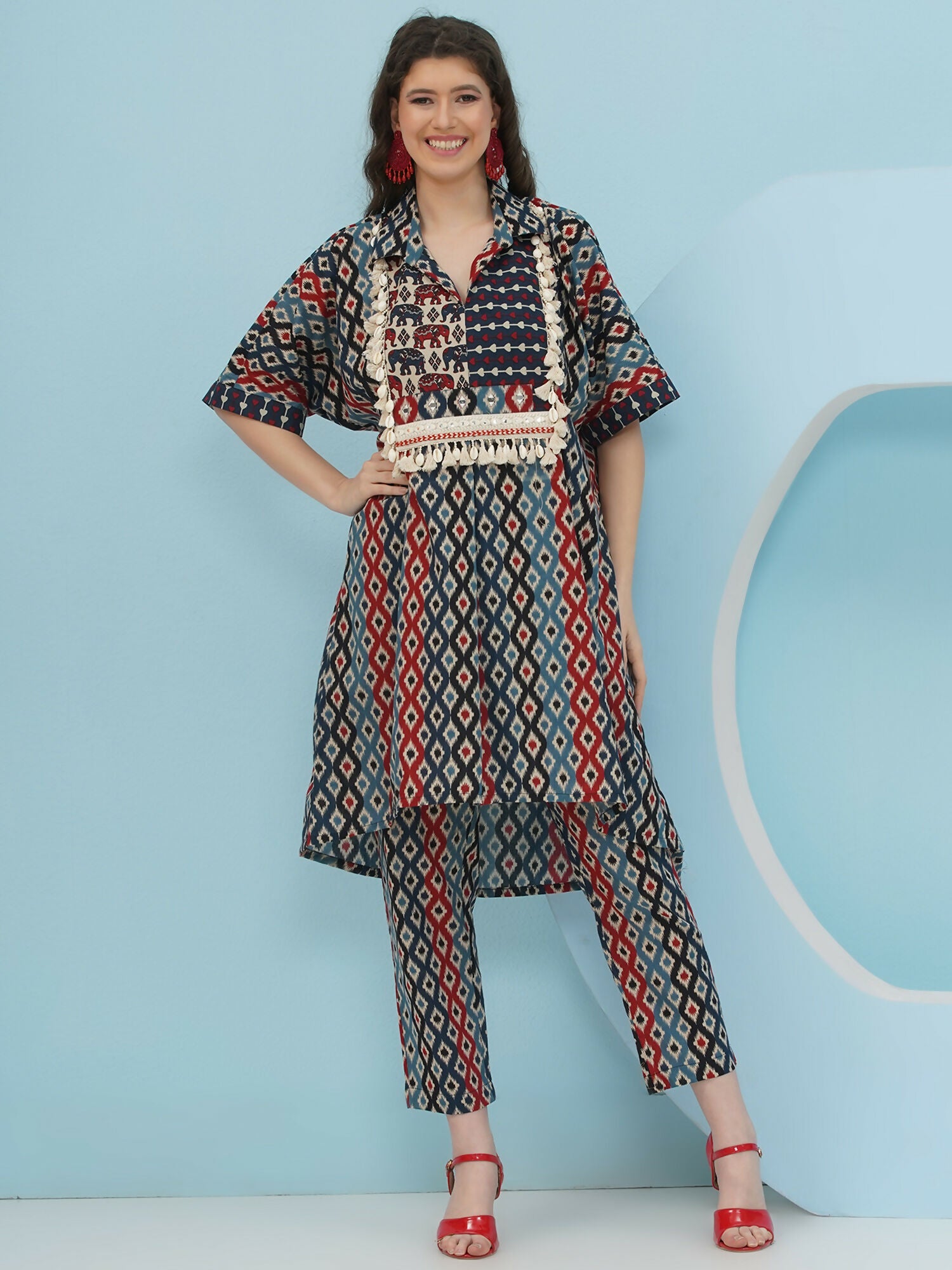 Joban Fashion Ikkat Kaftan Set - Blue Red | Grocsy