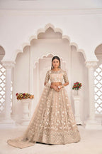 Aastha Fashion Dusty Chiku Butterfly Net White Cotton Thread Work, Zari Work And Sandwich Sequence Work Embroidery Wedding Wear Lehenga Choli | Grocsy