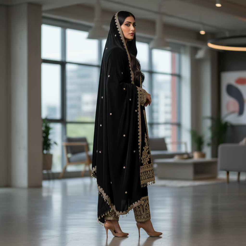 Joban Fashion Black Kurta Set Velvet Embroidery Sequence Work | Grocsy