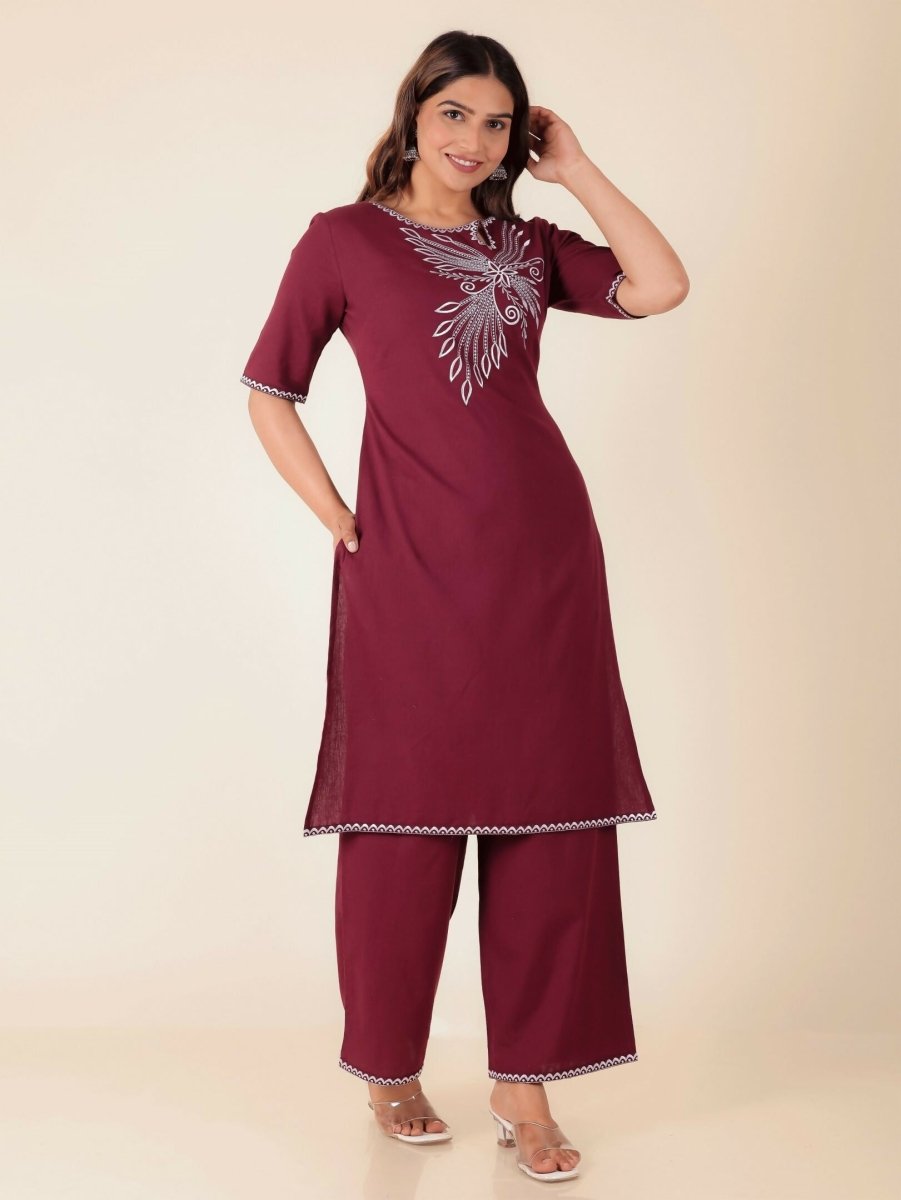 Aramya Maroon Linen Cotton Solid Print Straight Kurta Set for Women | Grocsy