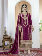 Teeya Creation Wine Color Chinnon Silk Embroidery Work Fully Stitched Salwar Suit | Grocsy