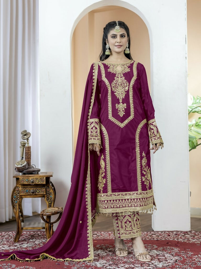 Teeya Creation Wine Color Chinnon Silk Embroidery Work Fully Stitched Salwar Suit | Grocsy