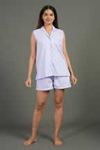 Breathables Women Cotton Night Suit Shirt And Shorts Co-Ord Set Notched Collar Lavender I Nightwear | Co-Ord Set | Lounge Wear Set I Solid Print | Grocsy