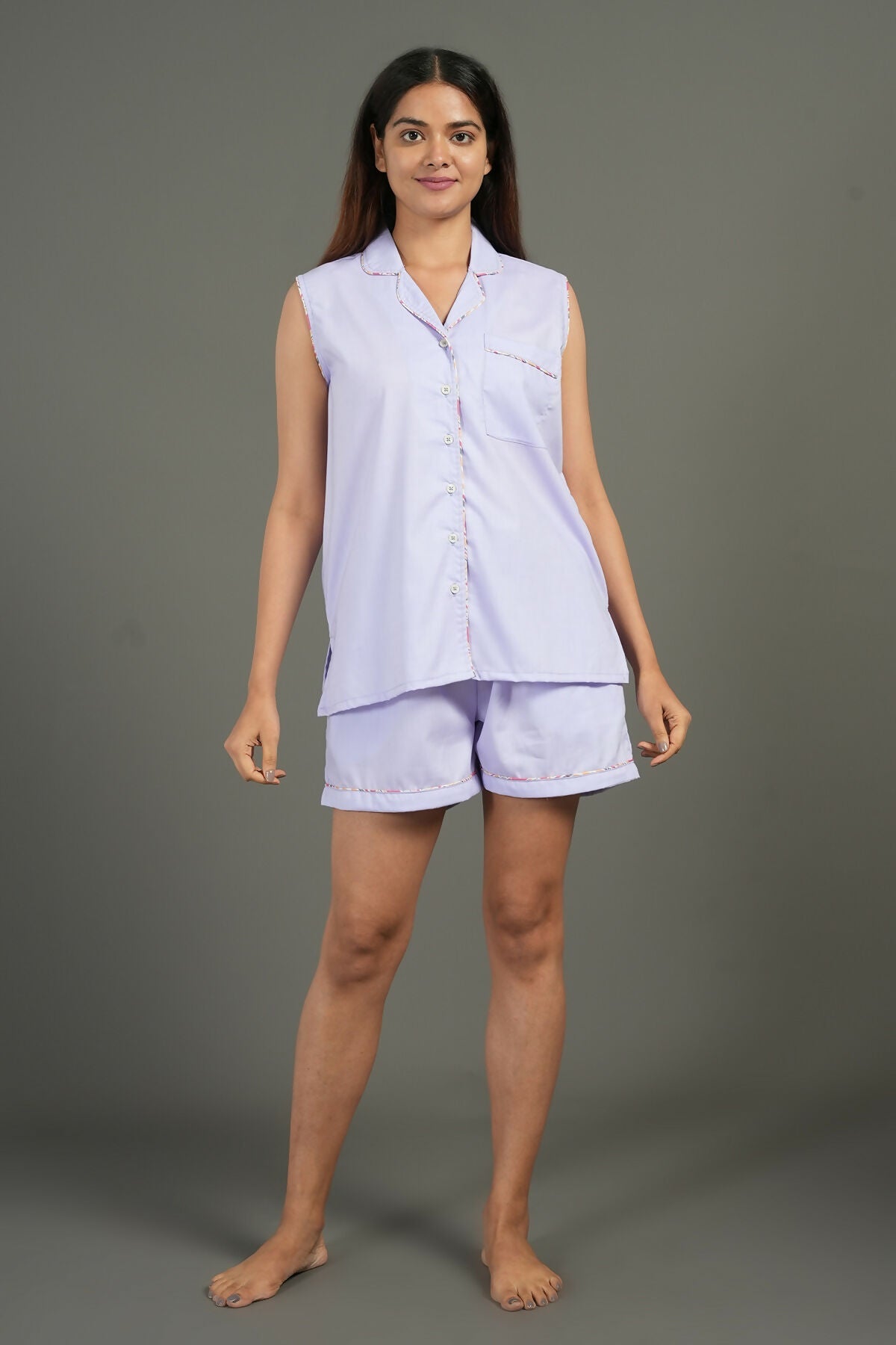 Breathables Women Cotton Night Suit Shirt And Shorts Co-Ord Set Notched Collar Lavender I Nightwear | Co-Ord Set | Lounge Wear Set I Solid Print | Grocsy