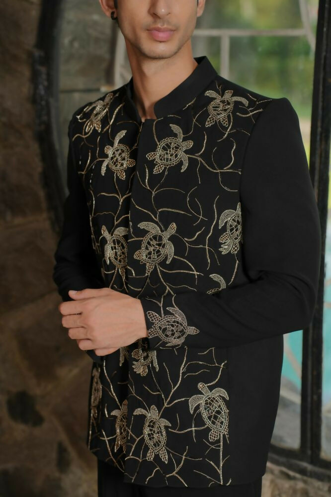 Classic Black Bandhgala Ensemble – Tortoise Embroidery by Hilo Design | Grocsy