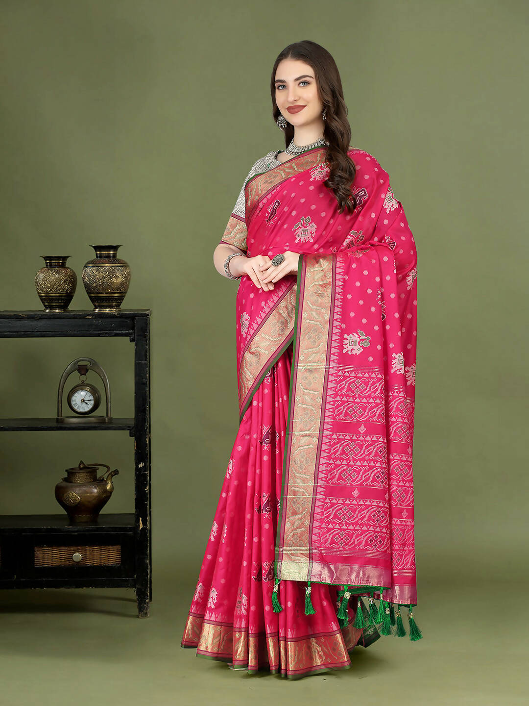 Lorenvalley Fashion Pink Patola Silk Woven Design Zari Meenakari Weaving Saree | Grocsy