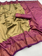 DEIANA'S Beautiful Designer Golden zari Soft Lichi Silk Saree - Pista | Grocsy