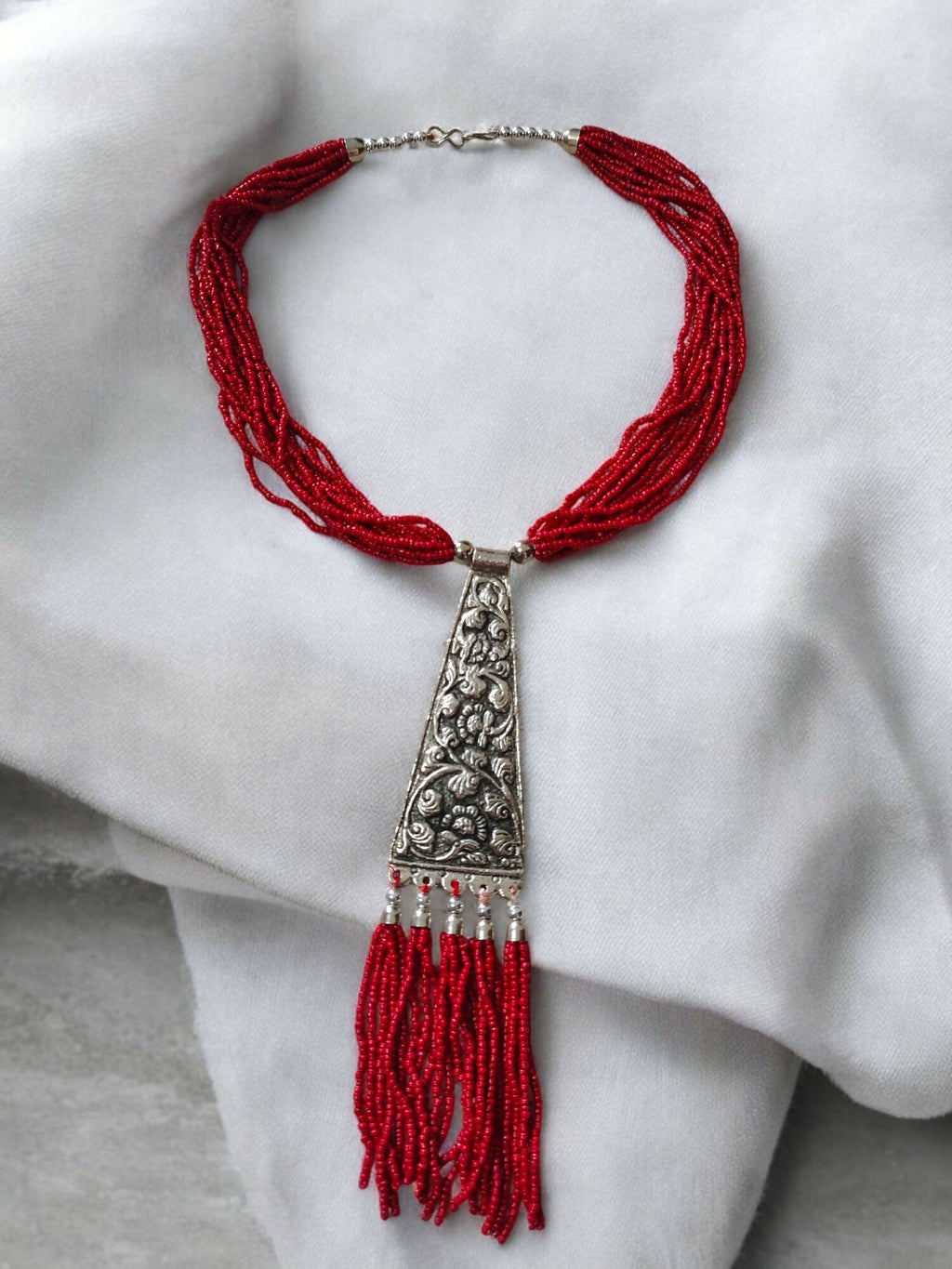 Inhanns Day-To-Dinner Tie Shaped Oxidized Black Metal Multi-Layered Long Only Necklace - Red Necklace | Grocsy