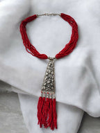 Inhanns Day-To-Dinner Tie Shaped Oxidized Black Metal Multi-Layered Long Only Necklace - Red Necklace | Grocsy
