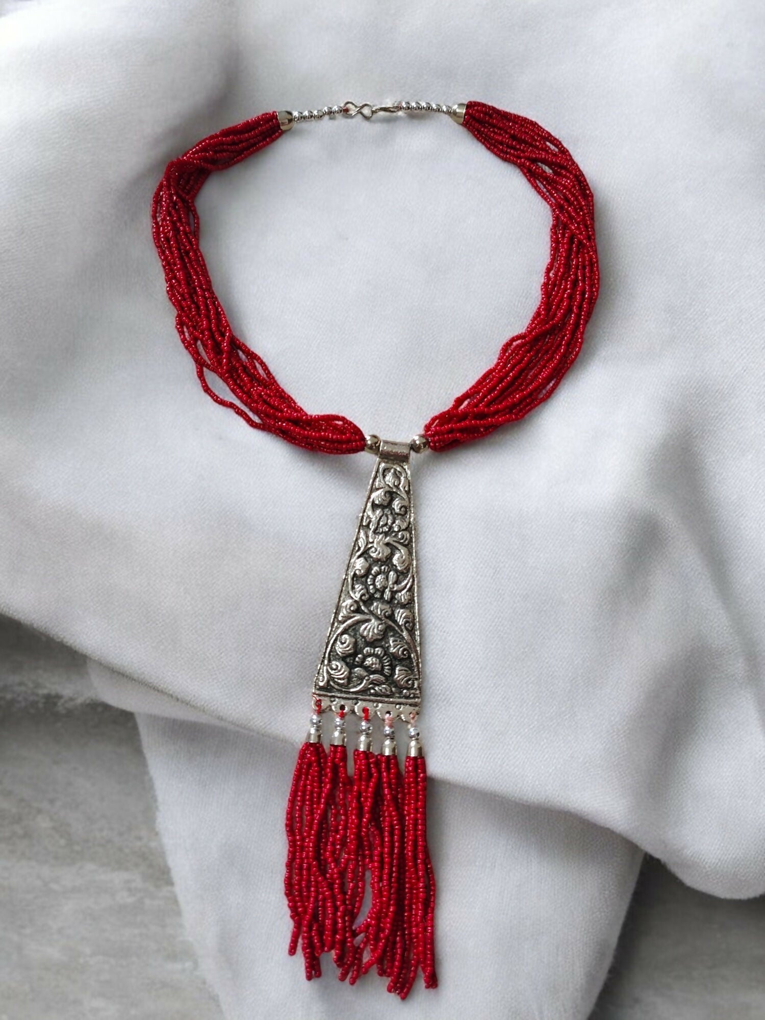 Inhanns Day-To-Dinner Tie Shaped Oxidized Black Metal Multi-Layered Long Only Necklace - Red Necklace | Grocsy