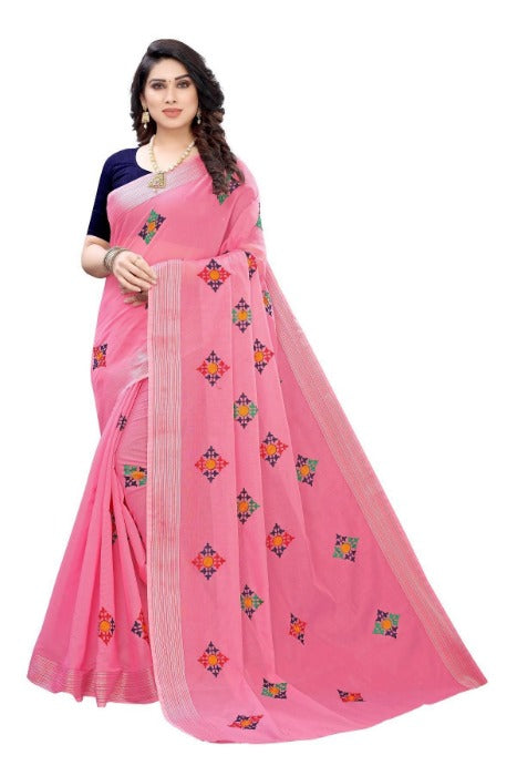 Vamika Chanderi Cotton Embroidery Pink Saree (Dixa Pink) | Grocsy