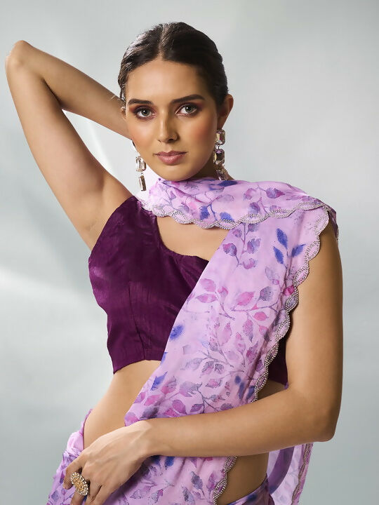 Lavender Satin Georgette Designer Printed Saree - Shezlin | Grocsy