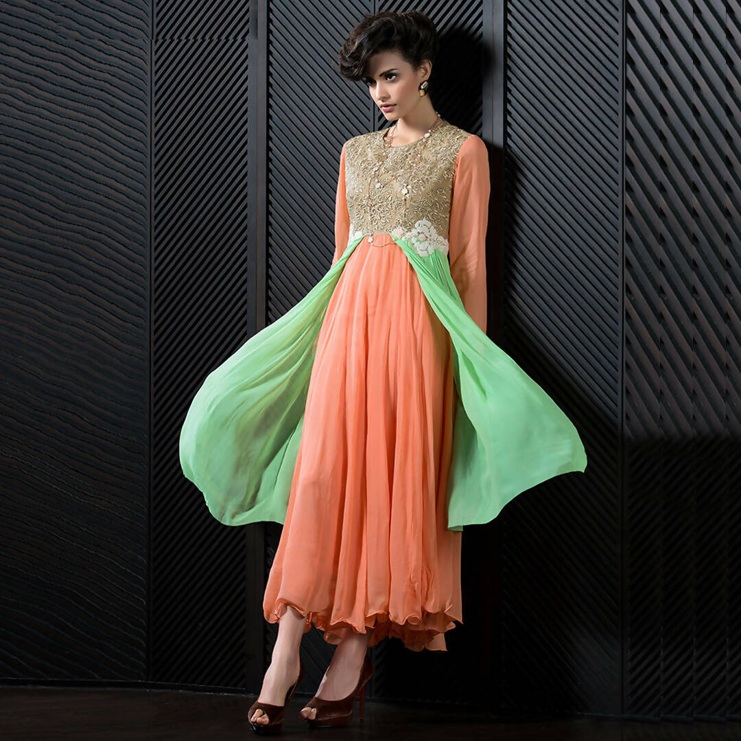 Orange Georgette Floral Embroidered A-line Kurti - Missy | Grocsy