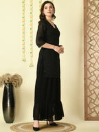 Myshka Women's Black Georgette Kurti & Skirt With Dupatta Party Sets | Grocsy
