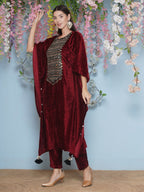Joban Fashion Maroon Velvet Hand Embellished Kaftaan Set | Grocsy