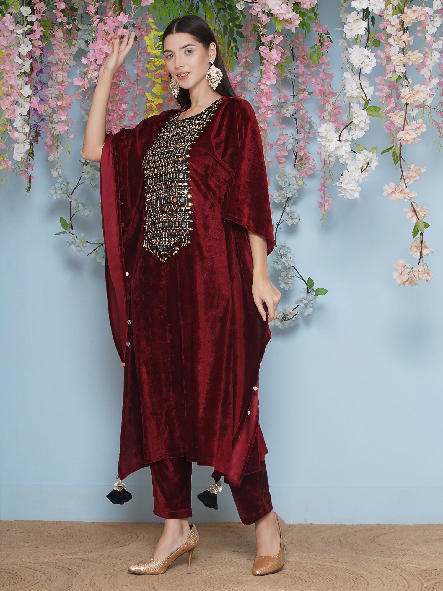 Joban Fashion Maroon Velvet Hand Embellished Kaftaan Set | Grocsy