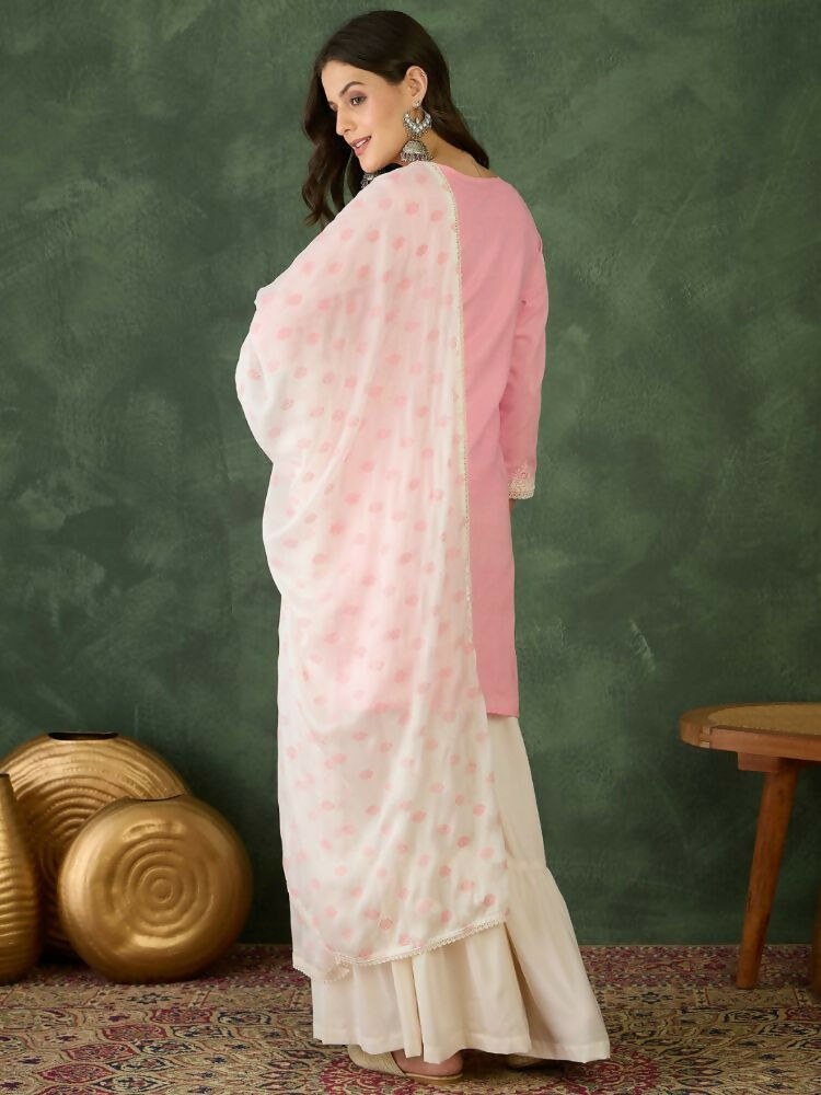 The52 Women's Gorgeous Embroidery Work Cotton Satin Fabric Straight Kurta Sharara and Dupatta Set | Grocsy