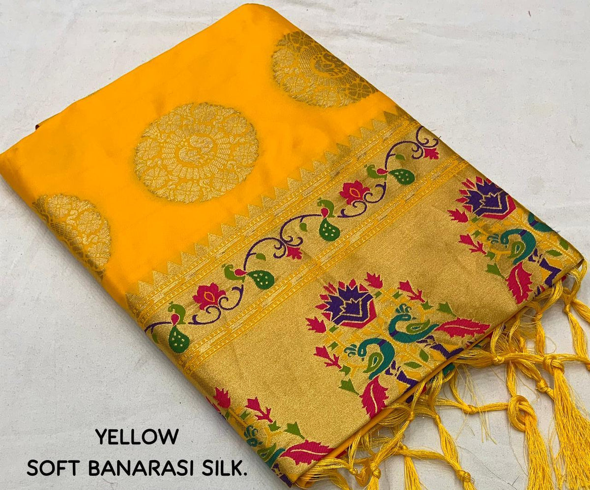 Yellow Pure Silk Woven Design Saree with Unstitched Blouse - A2M | Grocsy