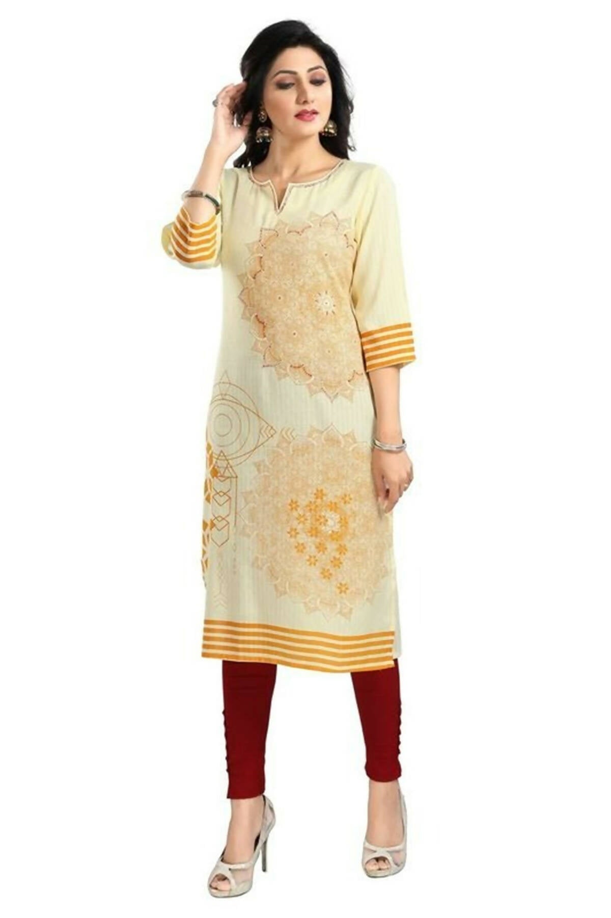 Snehal Creations Yellow Rayon Textured Print Long Kurta For Women | Grocsy