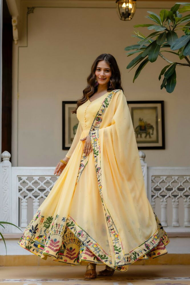 Teeya Creation Yellow Color Faux Georgette Heavy Embroidery Work Party Wear Long Gown | Grocsy