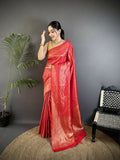 Joban Fashion Red Floral & Paisley Motifs Soft Satin Silk Banarasi Saree | Grocsy