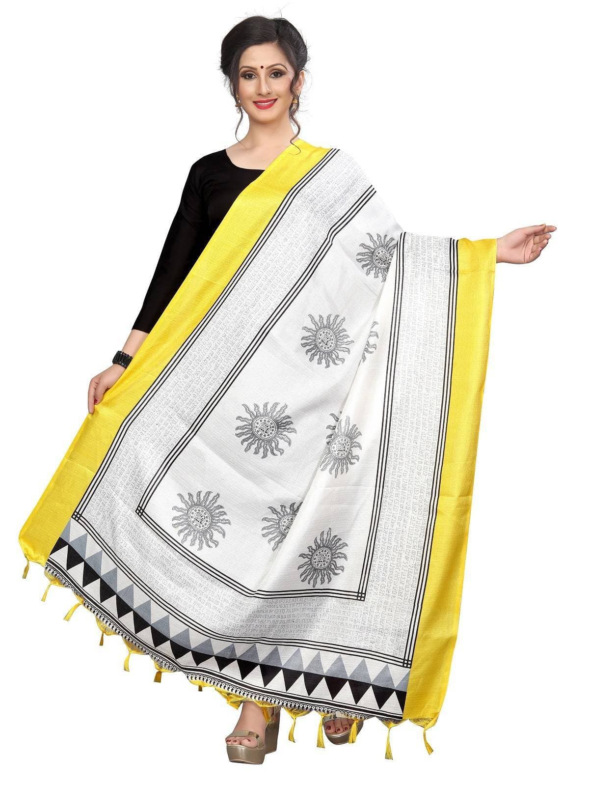 Vamika Yellow-White Printed Khadi Bhagalpuri Dupatta | Grocsy