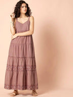 Indya Rose Pink Embroidered Tiered Maxi Dress | Grocsy