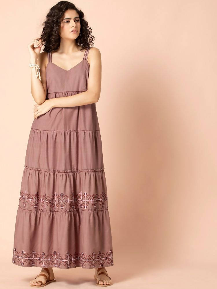 Indya Rose Pink Embroidered Tiered Maxi Dress | Grocsy