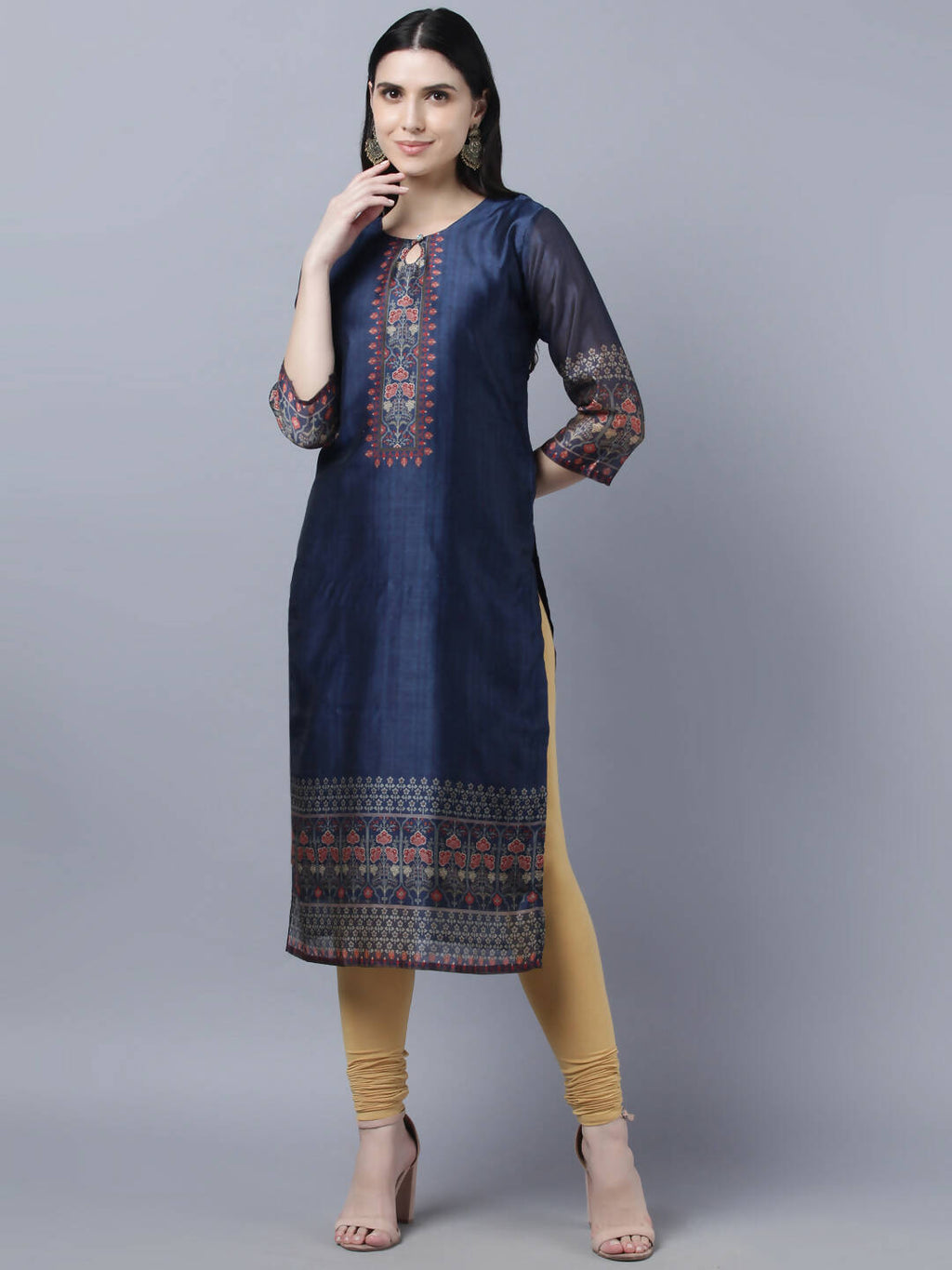 Myshka Women Navy Blue Ethnic Motifs Printed Keyhole Neck Chanderi Silk Kurta | Grocsy