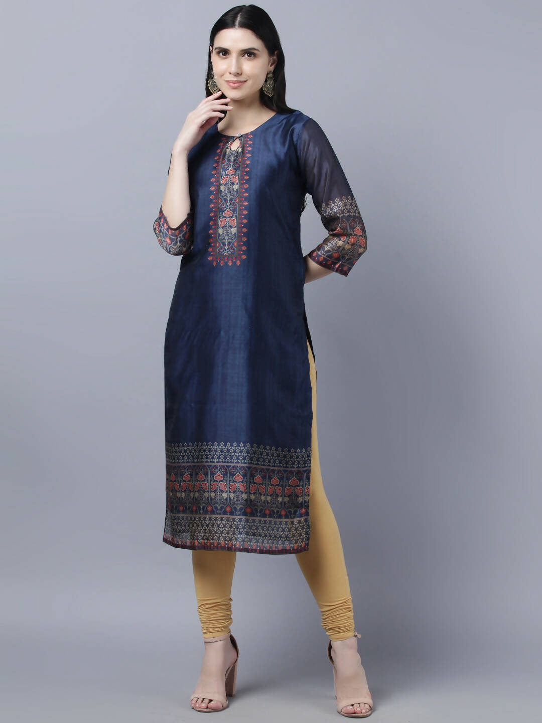 Myshka Women Navy Blue Ethnic Motifs Printed Keyhole Neck Chanderi Silk Kurta | Grocsy