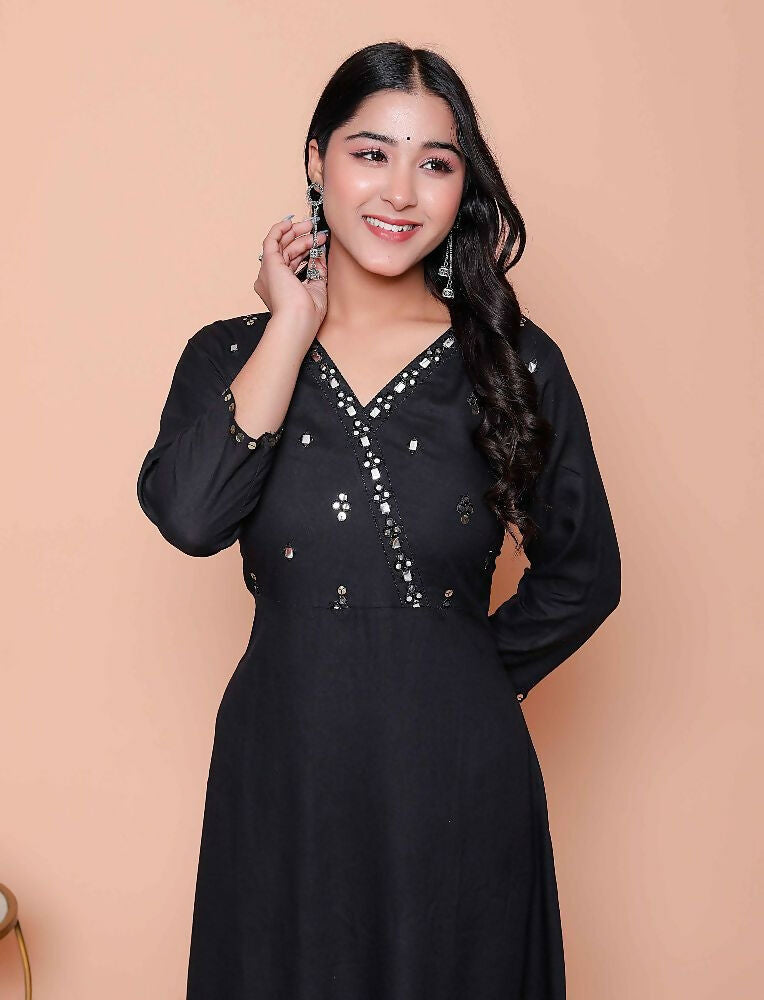 Miravan Womens Black Mirror Work Angrakha Kurta And Palazzo Set | Grocsy