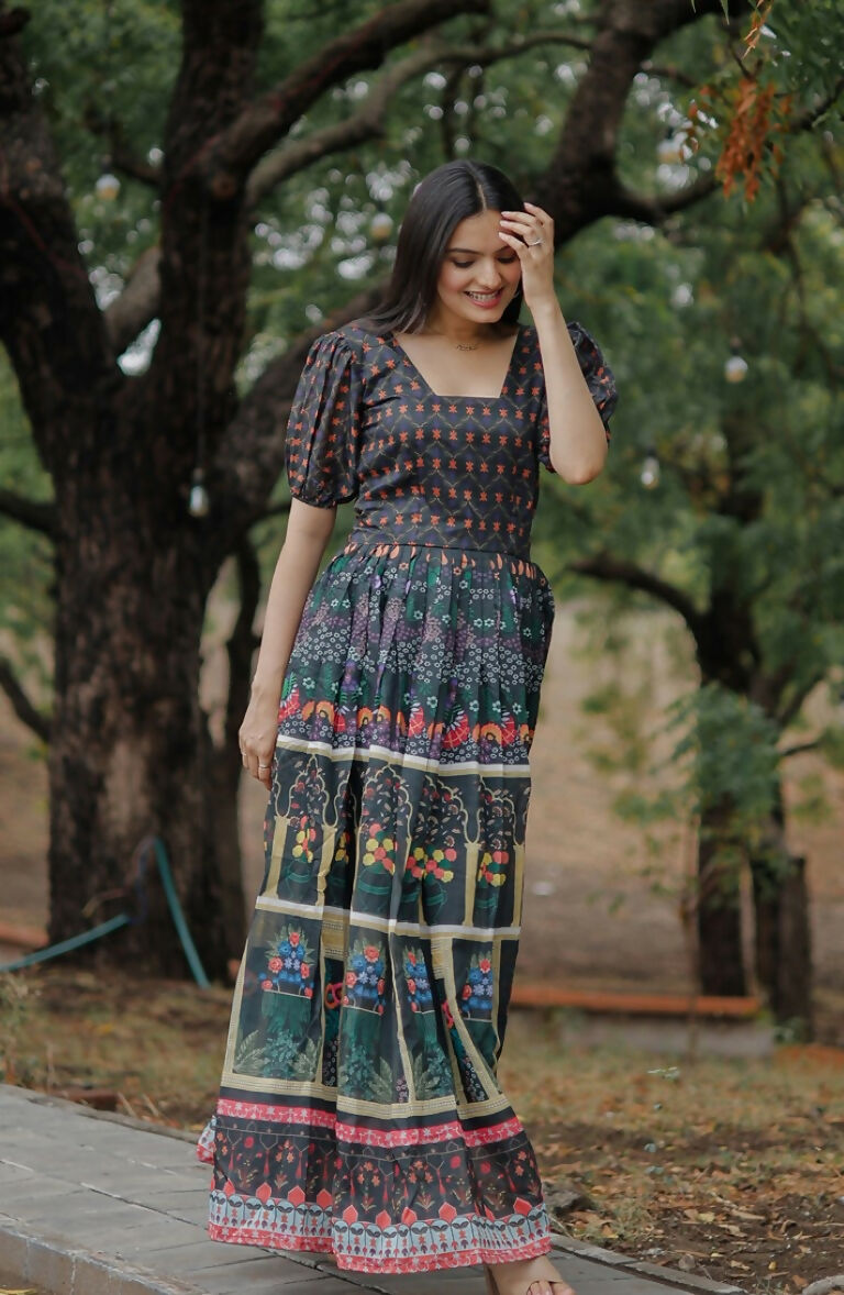 Jyoti Fashion Women's Black Heavy Digital Printed Pure Chanderi Anarkali Dress | Grocsy