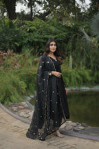 Jyoti Fashion Women's Black Faux Blooming Embroidered Kurta with Trouser & Dupatta | Grocsy