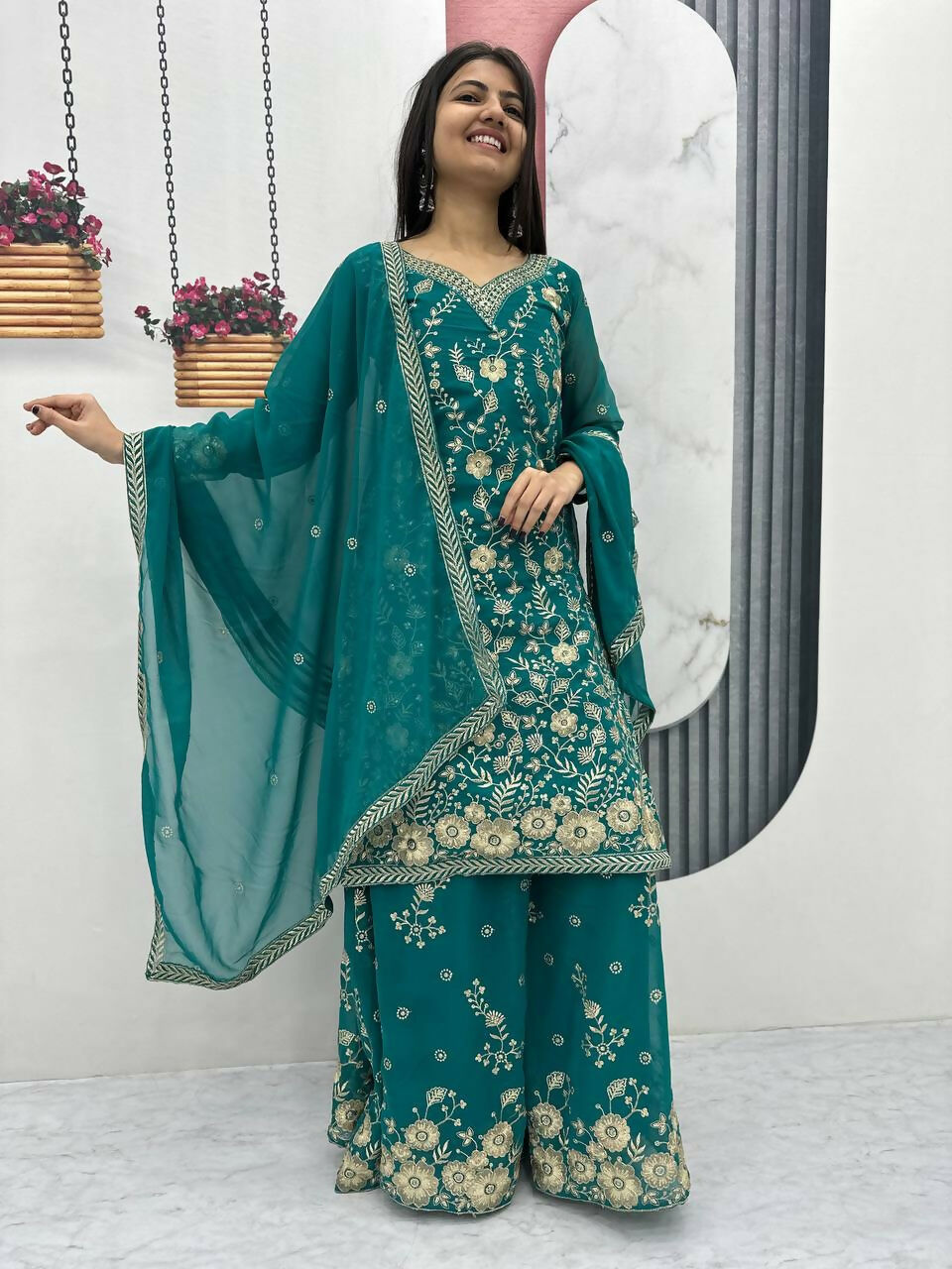 Teeya Creation Womens New Heavy Fox Georgette Fabric With Heavy Embroidery Work Green Kurta Set | Grocsy