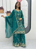 Teeya Creation Womens New Heavy Fox Georgette Fabric With Heavy Embroidery Work Green Kurta Set | Grocsy