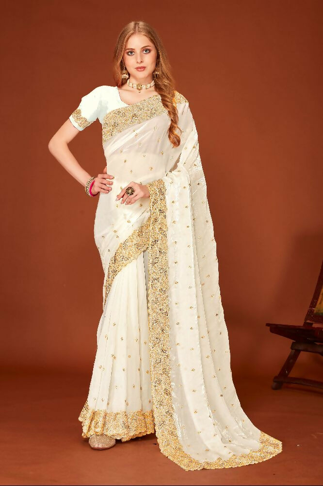 PR Fashion White Fendi Two Tone Silk Heavy Zari Embroidery Work With Heavy Siroski Work Saree | Grocsy
