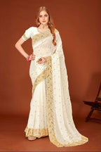 PR Fashion White Fendi Two Tone Silk Heavy Zari Embroidery Work With Heavy Siroski Work Saree | Grocsy