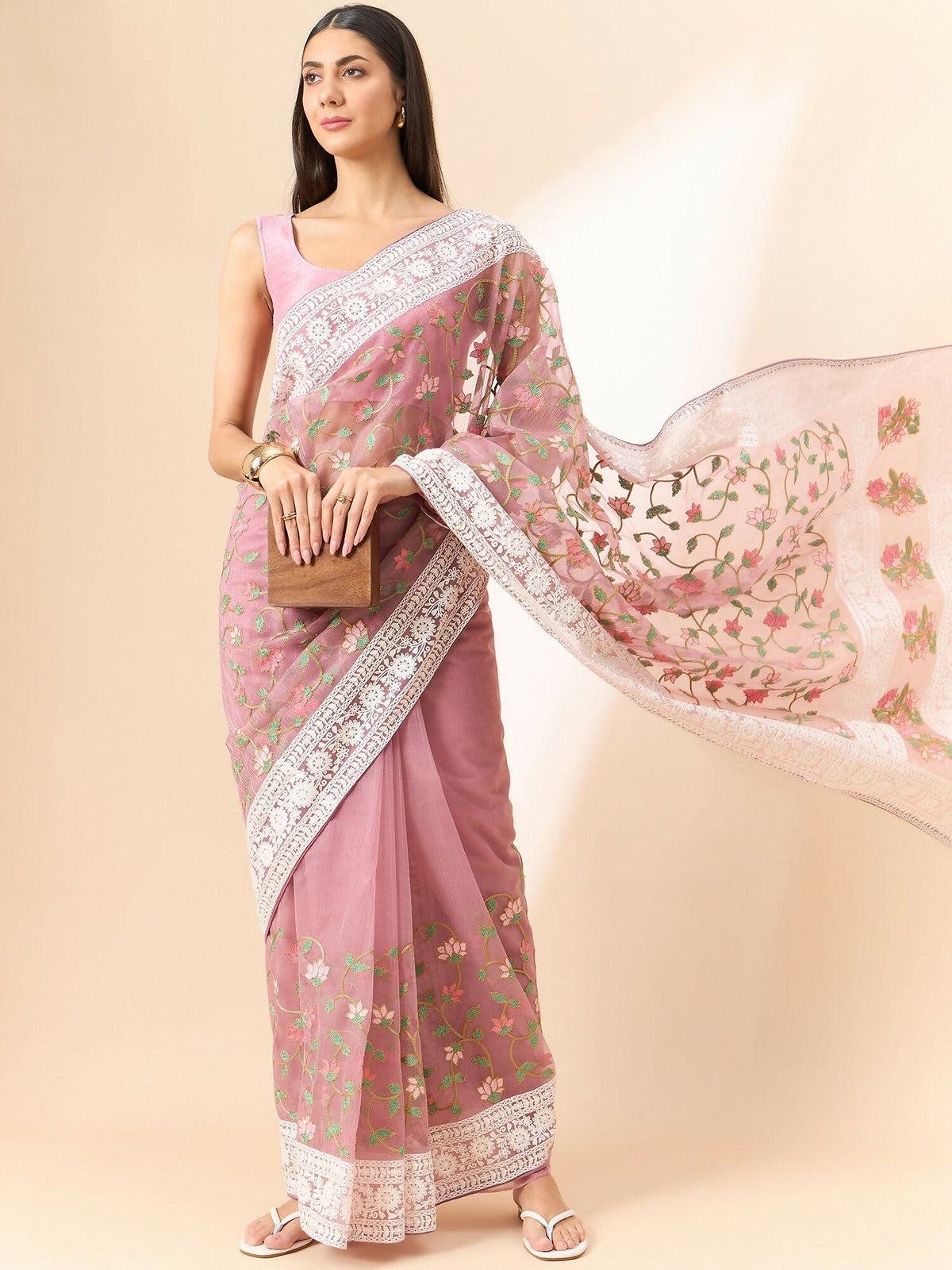 Pink Organza Floral Embroidered Saree with Unstitched Blouse Piece - Roozal | Grocsy