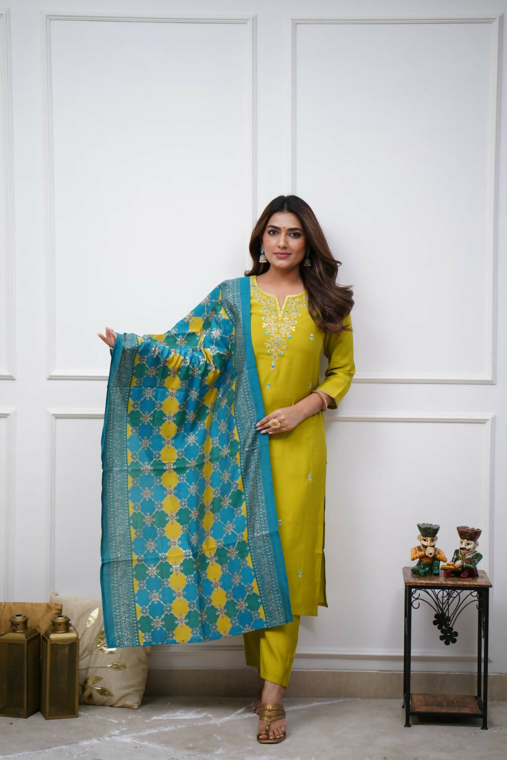 The52 Lemon Beautiful Embroidered Viscose Chanderi Fabric Straight Kurta Pant with Dupatta Set | Grocsy
