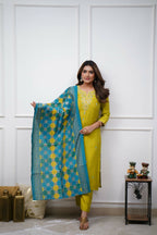 The52 Lemon Beautiful Embroidered Viscose Chanderi Fabric Straight Kurta Pant with Dupatta Set | Grocsy