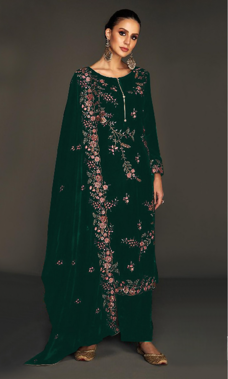 Anaita Green Pure Velvet Stitched Suit with Heavy Embroidery Sequence Work | Grocsy