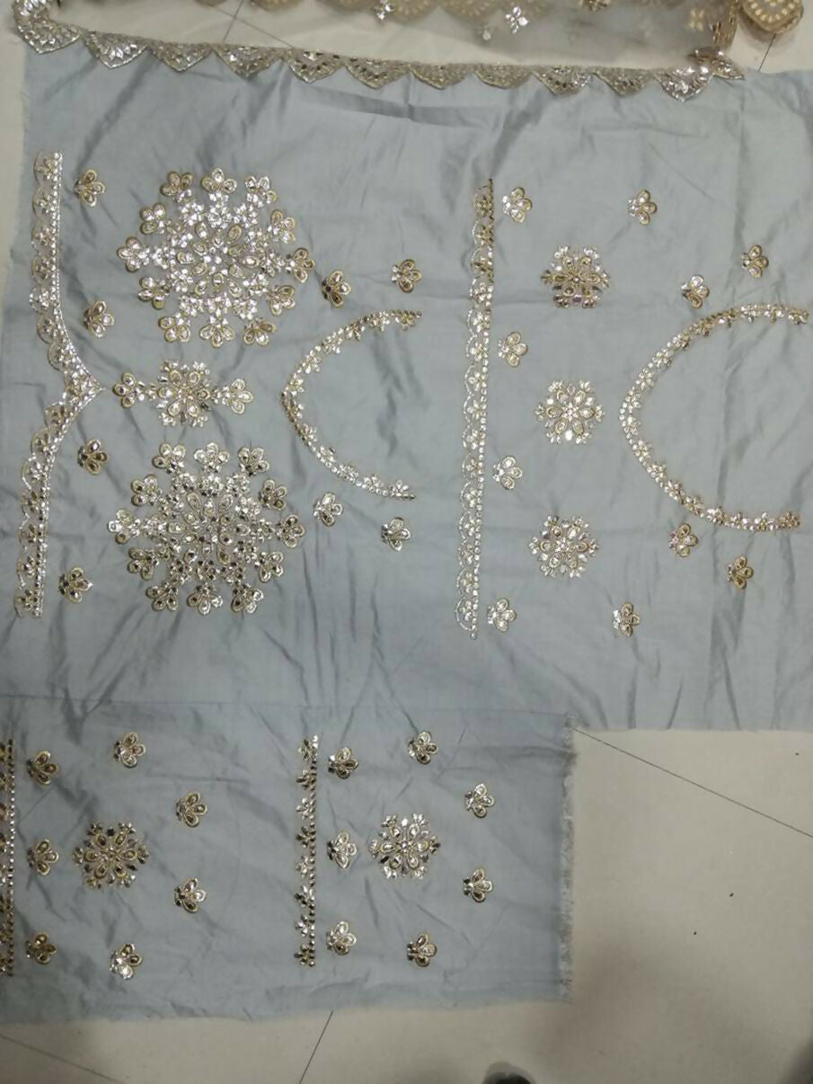 Jyoti Fashion Glamorous Grey Zari With Paper Mirror Embroidered Net Lehenga Choli with Dupatta | Grocsy