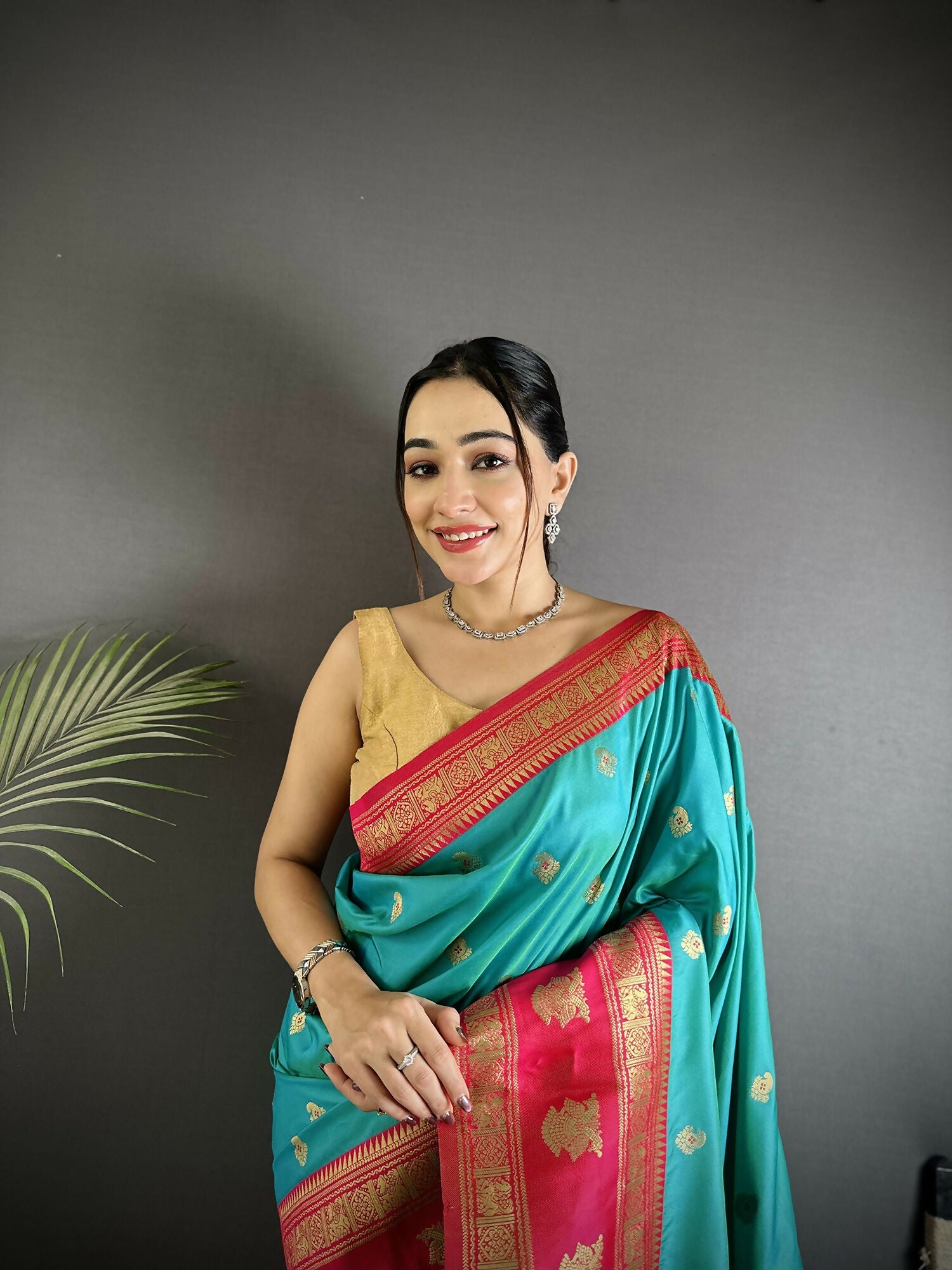 Joban Fashion Sea Green Banarasi Soft Silk Woven Butti Saree | Grocsy